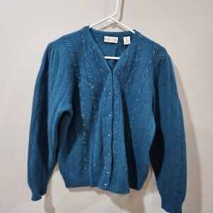 Vtg Club Classic Wool & Angora Rabbit Fur Blue Button Up Beaded Cardigan, Medium